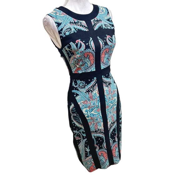BCBGMaxAzria Tahiti Black, Blue, pink lined sleeveless Paisley sheath Dress sz 2 - Picture 3 of 10